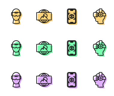 Set line 3d modeling, Virtual reality glasses, Wide angle picture and  icon. Vector