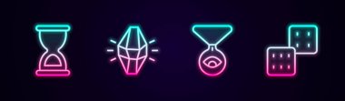 Set line Old hourglass, Magic stone, Medallion chain with eye and Game dice. Glowing neon icon. Vector