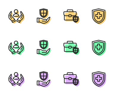 Set line Briefcase with shield, Life insurance, Shield hand and  icon. Vector
