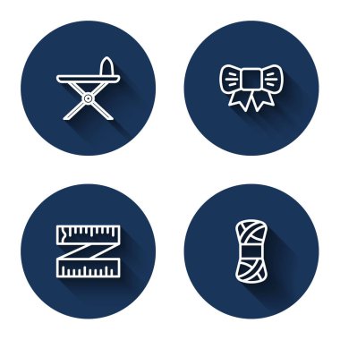 Set line Electric iron and ironing board, Gift bow, Tape measure and Yarn with long shadow. Blue circle button. Vector