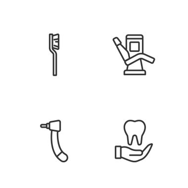 Set line Tooth, drill, Toothbrush and Medical dental chair icon. Vector