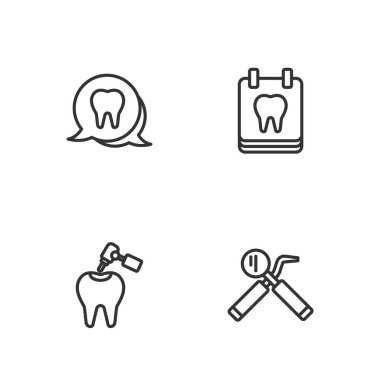 Set line Dental mirror and probe, Tooth with caries drill,  and Calendar tooth icon. Vector