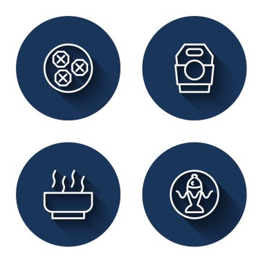 Set line Wonton, Asian noodles in paper box, Ramen soup bowl and Served fish plate with long shadow. Blue circle button. Vector