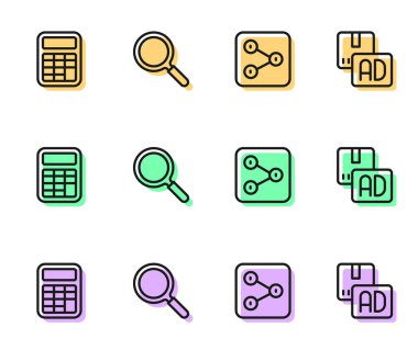 Set line Share, Calculator, Magnifying glass and Advertising icon. Vector