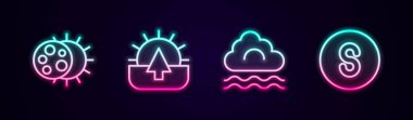 Set line Eclipse of the sun, Sunrise, Fog and cloud and Compass south. Glowing neon icon. Vector