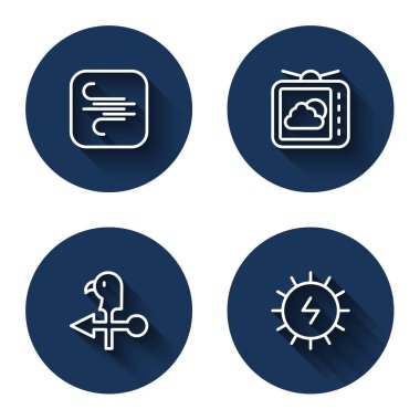 Set line Wind, Weather forecast, Rooster weather vane and Solar energy panel with long shadow. Blue circle button. Vector