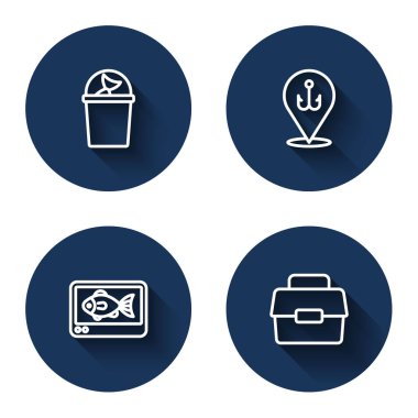 Set line Fishing bucket with fish, hook, finder echo sounder and Case or box for fishing with long shadow. Blue circle button. Vector