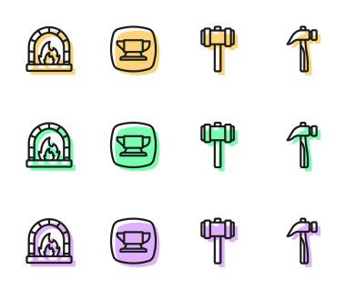 Set line Sledgehammer, Blacksmith oven, anvil tool and Hammer icon. Vector