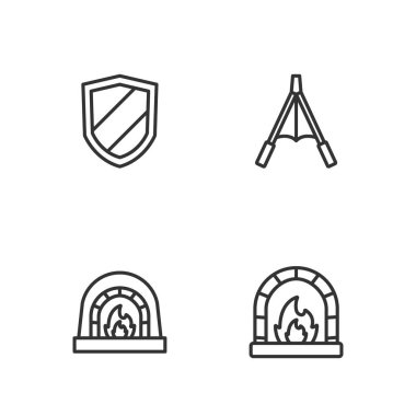 Set line Blacksmith oven, Shield and Air blower bellows icon. Vector