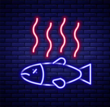 Parlayan neon hattı. Tuğla duvarda ölü balık ikonu izole edilmiş. Çürük balık. Renkli taslak konsepti. Vektör