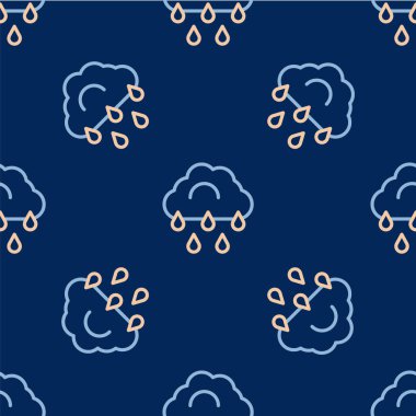 Yağmur ikonuna sahip çizgi bulutu mavi arka planda izole edilmiş pürüzsüz desen. Yağmur damlaları ile yağmur bulutu yağışı. Vektör