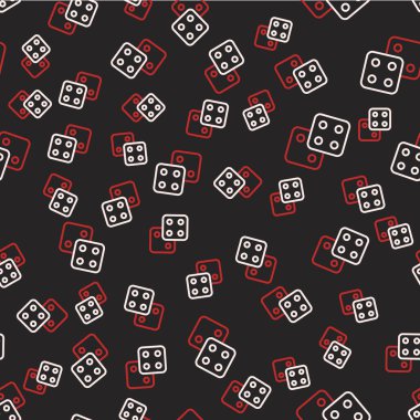 Çizgi Oyun zar simgesi siyah arkaplanda izole edilmiş kusursuz desen. Kumarhane kumarı. Vektör