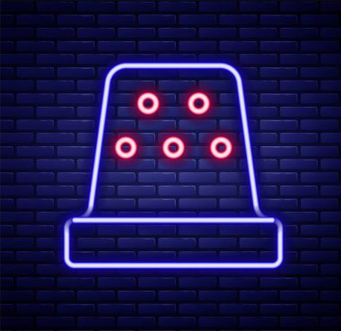 Duvarın arka planında izole edilmiş ikon dikmek için parlayan neon hattı Thimble. Renkli taslak konsepti. Vektör