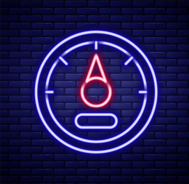 Parlayan neon hattı motor gaz göstergesi simgesi tuğla duvar arka planında izole edildi. Yakıt göstergesi boş. Tam depo göstergesi. Renkli taslak konsepti. Vektör