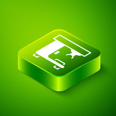 Yeşil arka planda izole edilmiş Isometric kahve makinesi simgesi. Yeşil kare düğmesi. Vektör