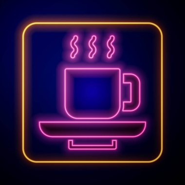 Siyah arka planda parlayan neon kahve bardağı ikonu. Çay fincanı. Sıcak içecek kahvesi. Vektör