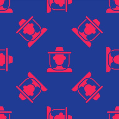 Red Beekeeper with protect hat icon isolated seamless pattern on blue background. Special protective uniform.  Vector