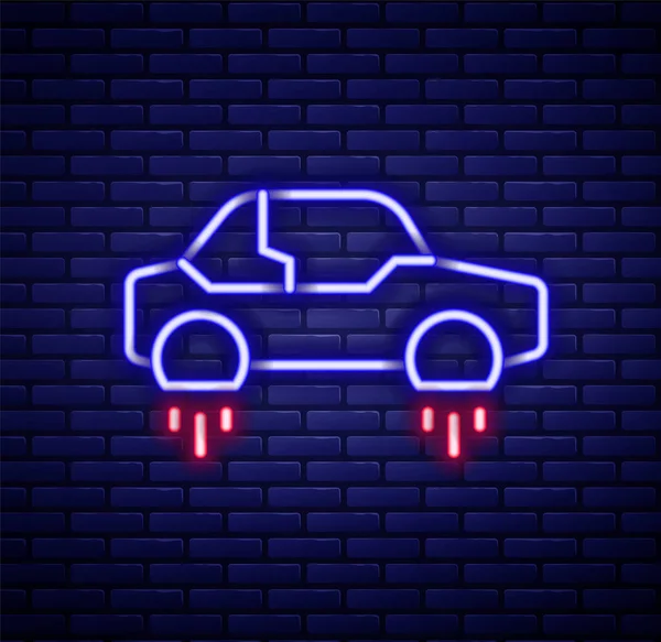 Świecąca Neonowa Linia Fantastyczna Ikona Latającego Samochodu Odizolowana Ceglanym Tle — Wektor stockowy