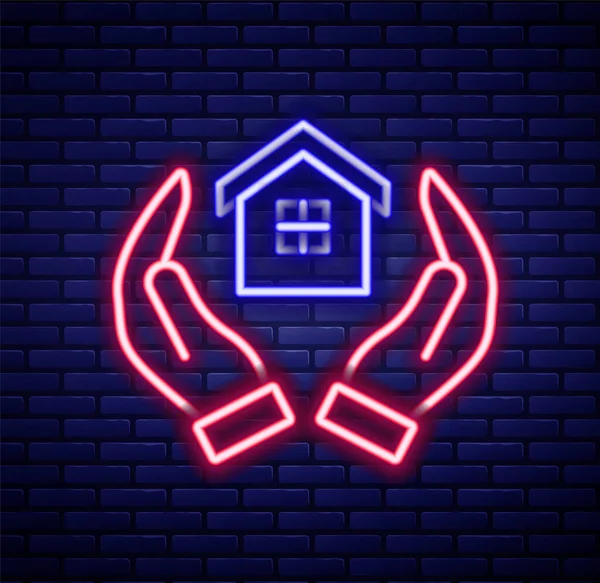 Glowing Neon Line House Hand Icon Isolated Brick Wall Background — Stock Vector
