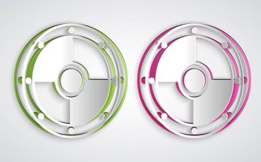 Kağıt kesiği, gri arka planda izole edilmiş yuvarlak ahşap simge. Güvenlik, güvenlik, koruma, mahremiyet, koruma kavramı. Kağıt sanatı tarzı. Vektör