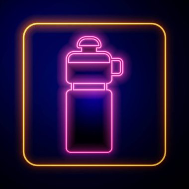 Siyah arkaplanda parlayan neon fitness titreşim simgesi izole edildi. Su ve protein kokteylleri için kapaklı spor karıştırıcı şişesi. Vektör