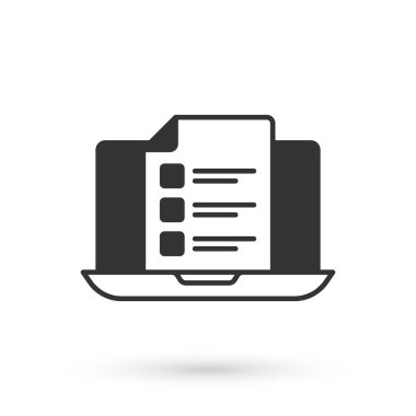 Gri Online test, test, inceleme veya kontrol listesi simgesi beyaz arkaplanda izole edildi. Sınav listesi. E-eğitim konsepti. Vektör