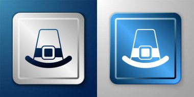 Beyaz Leprikon şapka simgesi mavi ve gri arkaplanda izole edildi. Aziz Patrick gününüz kutlu olsun. Ulusal İrlanda bayramı. Gümüş ve mavi kare düğme. Vektör