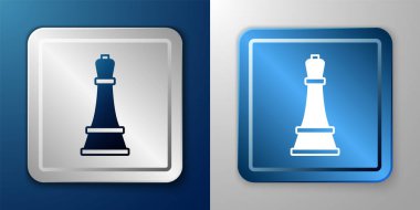 Beyaz Satranç simgesi mavi ve gri arkaplanda izole edildi. İş stratejisi. Oyun, yönetim, finans. Gümüş ve mavi kare düğme. Vektör