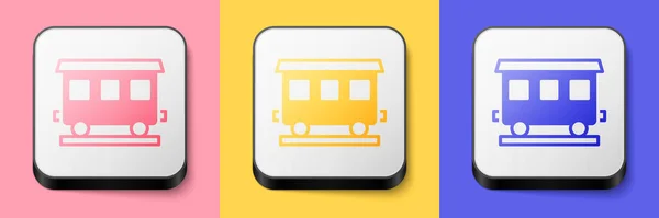 等距客车图标隔离在粉红色 黄色和蓝色背景 铁路运输 正方形按钮 — 图库矢量图片