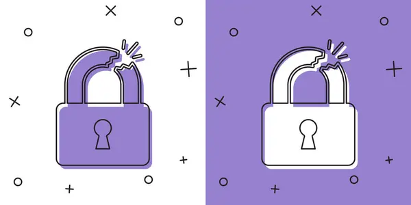 Set Broken Cracked Lock Icon Isolated White Purple Background Unlock — Stock Vector