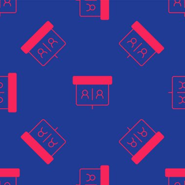 Kırmızı görüntülü sohbet konferansı simgesi mavi arkaplanda izole edilmiş kusursuz desen. Çevrimiçi iş görüşmesi formu. Uzak proje yönetimi. Vektör