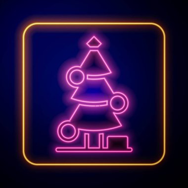 Siyah arka planda izole edilmiş dekorasyon simgesiyle parlayan neon Noel ağacı. Mutlu Noeller ve mutlu yıllar. Vektör