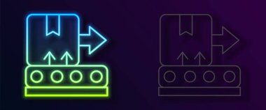 Siyah arkaplanda izole edilmiş karton kutu simgesiyle parlayan neon hat taşıyıcı bandı. Vektör