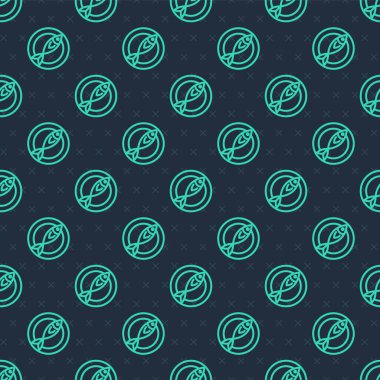 Yeşil çizgi kurutulmuş balık ikonu mavi arka planda izole edilmiş pürüzsüz desen. Vektör