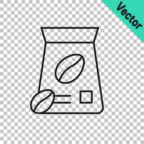 Svart Linje Väska Med Kaffebönor Ikon Isolerad Transparent Bakgrund Vektor — Stock vektor