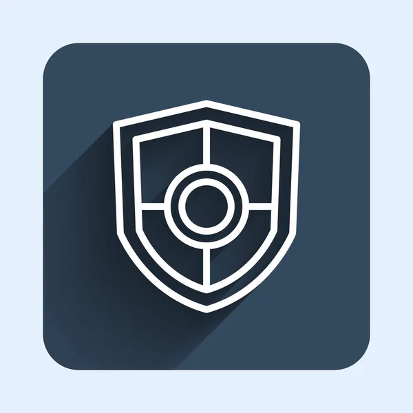 長い影の背景で隔離されたホワイトラインシールドアイコン 警備員のサイン セキュリティ 安全性 プライバシーの概念 青い四角形のボタン ベクトル — ストックベクタ