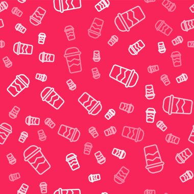 Beyaz çizgi kahve fincanı kırmızı arka planda izole edilmiş bir ikon haline gelecek. Vektör.