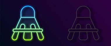 Parlayan neon hattı Badminton mekik siki simgesi siyah arkaplanda izole edildi. Spor malzemeleri. Vektör.