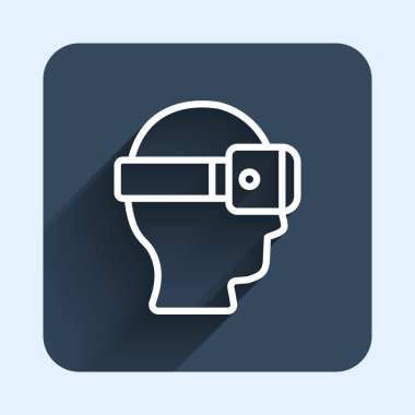 Beyaz çizgi Sanal gerçeklik gözlüğü simgesi uzun gölge arkaplanı ile izole edilmiş. Stereoskopik 3D VR maskesi. Optik baş monte edildi. Mavi kare düğme. Vektör.