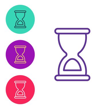 Beyaz zemin üzerinde kum ikonu olan eski kum saati çizgisini ayarlayın. Kum saati işareti. İş ve zaman yönetimi kavramı. Simgeleri renklendirin. Vektör.