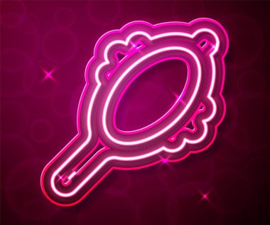 Parlayan neon hattı kırmızı arkaplanda izole edilmiş sihirli el aynası ikonu. Vektör.