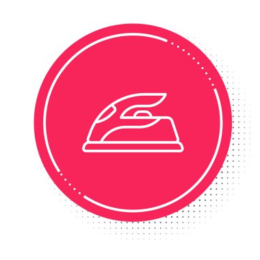 Beyaz çizgi elektrikli demir ikonu beyaz arkaplanda izole edildi. Buhar ütüsü. Kırmızı daire düğmesi. Vektör.