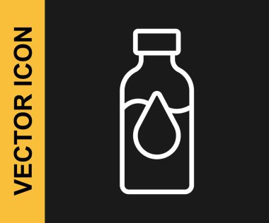 Beyaz çizgi petrol test tüpü simgesi siyah arkaplanda izole edildi. Komiklik şişesi ve düşen damla. Vektör.