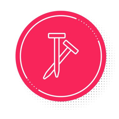 Beyaz çizgi metalik tırnak simgesi beyaz arkaplanda izole edilmiş. Kırmızı daire düğmesi. Vektör.