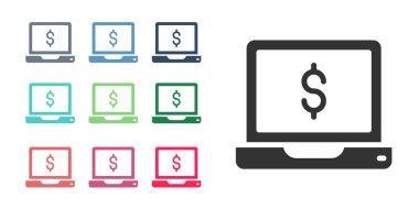 Beyaz arka planda dolar simgesi olan siyah dizüstü bilgisayar. Dünyanın her yerine para göndermek, para transferi, online bankacılık, finansal işlemler. Simgeleri renklendirin. Vektör
