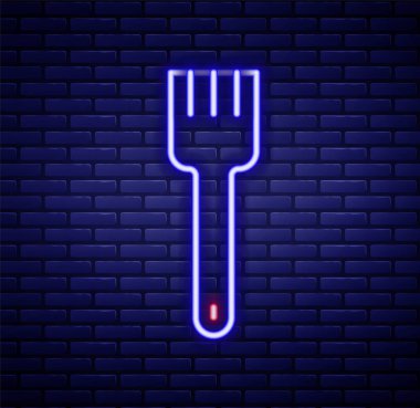Parlayan neon hattı Fork simgesi tuğla duvar arka planında izole edildi. Çatal bıçak sembolü. Renkli taslak konsepti. Vektör