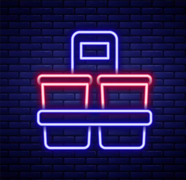 Parlayan neon hatlı kahve fincanı tuğla duvar arkasında izole edilmiş bir ikon haline gelecek. Renkli taslak konsepti. Vektör