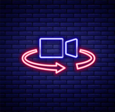 Parlayan neon hattı 360 derecelik görüntü simgesi tuğla duvar arka planında izole edildi. Sanal gerçeklik. 360 derecelik açıyla. Panorama fotoğrafı. Renkli taslak konsepti. Vektör