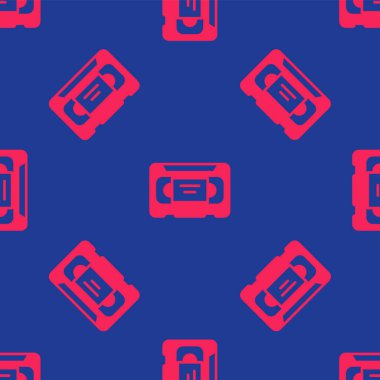 Kırmızı VHS video kaset ikonu mavi arkaplanda izole edilmiş kusursuz desen. Vektör