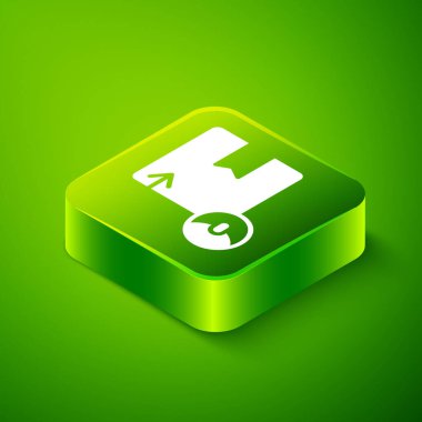 Isometric Karton karton kutu simgesi yeşil arka planda izole. Kutu, paket, paket işareti. Teslimat ve ambalaj. Yeşil kare düğmesi. Vektör